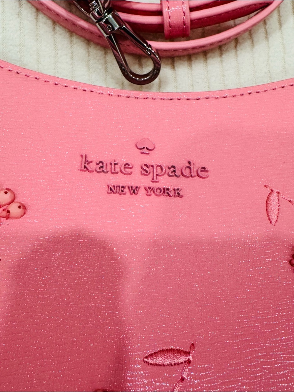 kate spade New Pink Embossed Floral Beaded Leather shoulder bag Crossbody strap - Picture 5 of 11